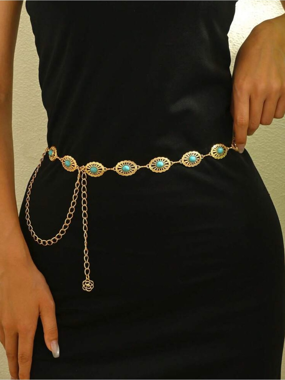 Anthropologie Gold Chain Waist Belt with Turquoise Accents